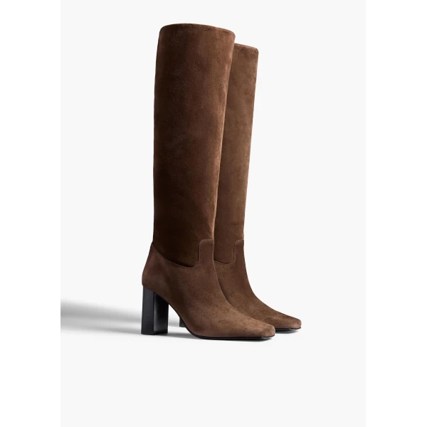 Khaite Petra Knee-High Boot in Ebano Suede | Boots | Coveti