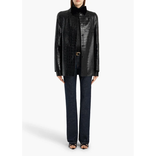 Khaite Sadie Coat in Black Croc-Embossed Leather | Leather Coats | Coveti