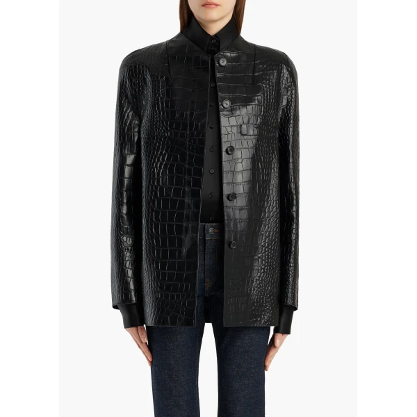 Khaite Sadie Coat in Black Croc-Embossed Leather | Leather Coats | Coveti