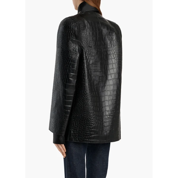 Khaite Sadie Coat in Black Croc-Embossed Leather | Leather Coats | Coveti