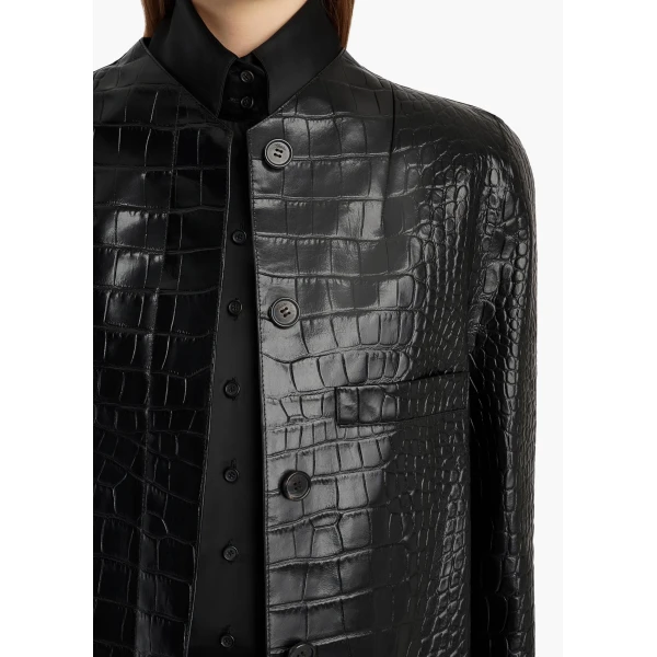 Khaite Sadie Coat in Black Croc-Embossed Leather | Leather Coats | Coveti