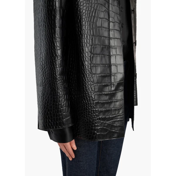 Khaite Sadie Coat in Black Croc-Embossed Leather | Leather Coats | Coveti