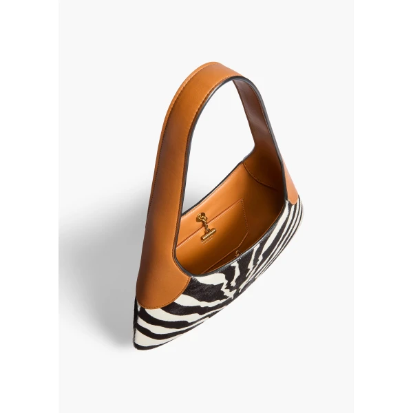 Khaite Small Joan Hobo in Zebra Print Haircalf and Tan Leather | Shoulder & Crossbody Bags | Coveti
