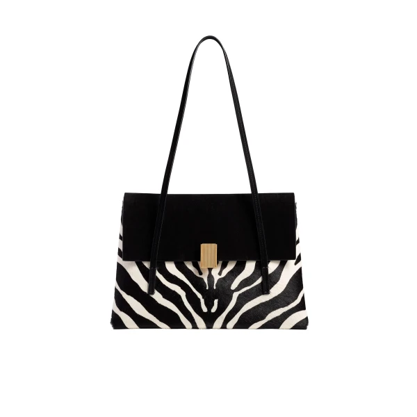 Khaite Soft Blake Shoulder Bag in Zebra Print Haircalf and Black Suede | Shoulder & Crossbody Bags | Coveti