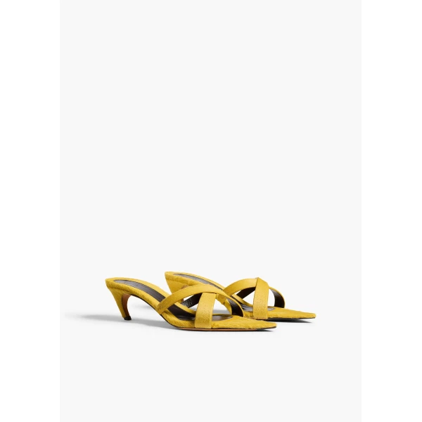 Khaite Sophie Kitten Heel Sandal in Mustard Haircalf | Sandals | Coveti