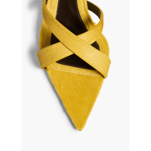 Khaite Sophie Kitten Heel Sandal in Mustard Haircalf | Sandals | Coveti