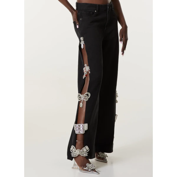 LOULOU Black Cut-Out Crystal Denim Jeans | Denim | Coveti
