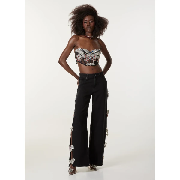 LOULOU Black Cut-Out Crystal Denim Jeans | Denim | Coveti