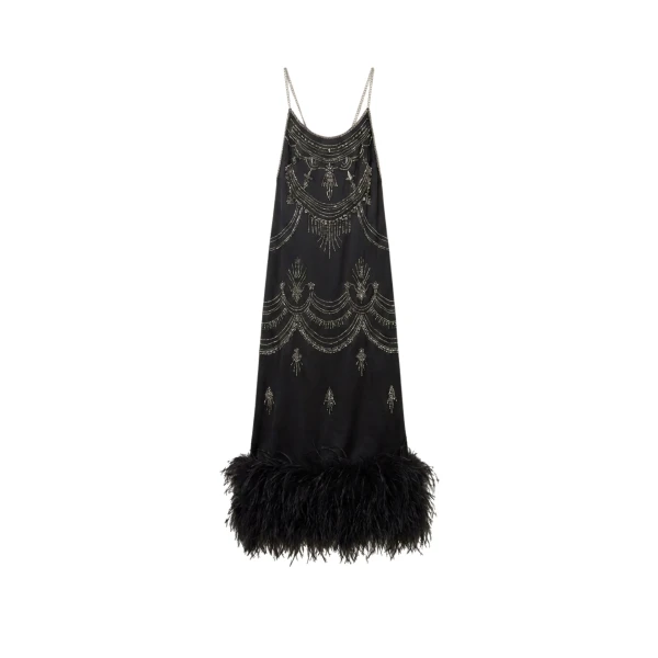 Black Embellished Feather Maxi Dress