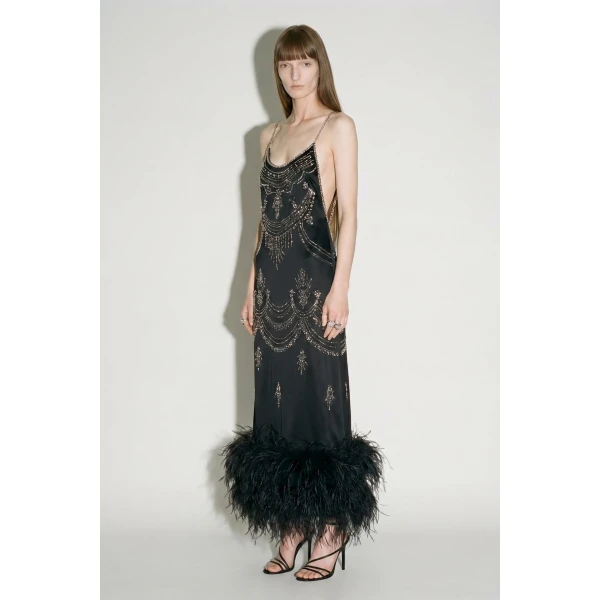 LOULOU Black Embellished Feather Maxi Dress | Maxi Dresses | Coveti