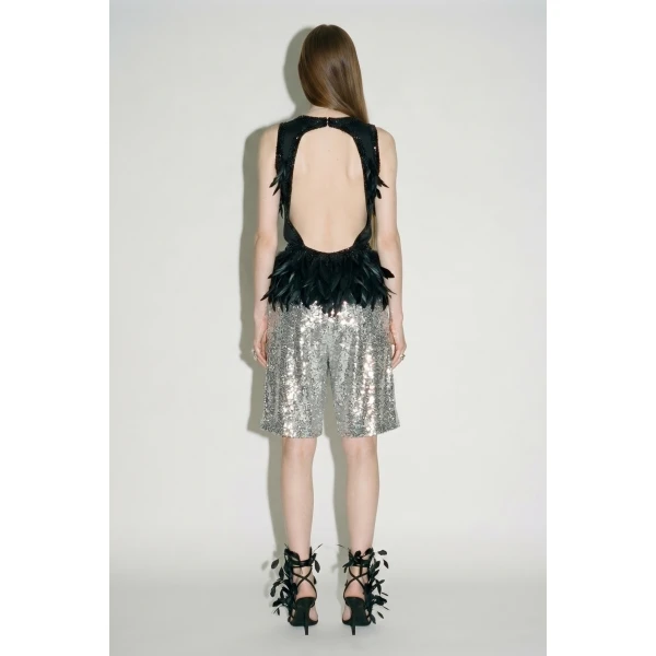 LOULOU Black Feather Sequin Peplum Top | Tops | Coveti