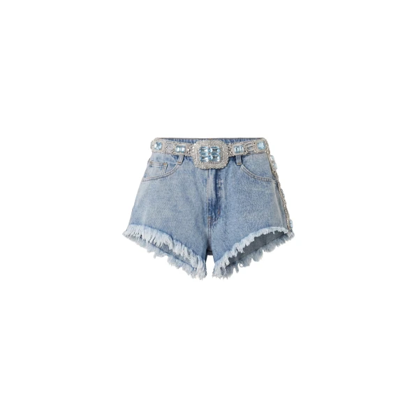 Blue Crystal Embroidered Denim Shorts