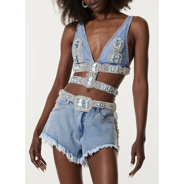 LOULOU Blue Crystal Embroidered Denim Shorts | Denim Shorts | Coveti