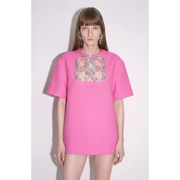 LOULOU Crystal Cutout Mini Dress in Fuchsia Crepe | Mini Dresses | Coveti