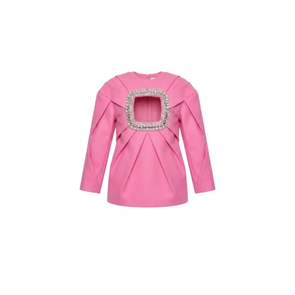 LOULOU Crystal Cutout Mini Dress in Fuchsia Wool | Mini Dresses | Coveti
