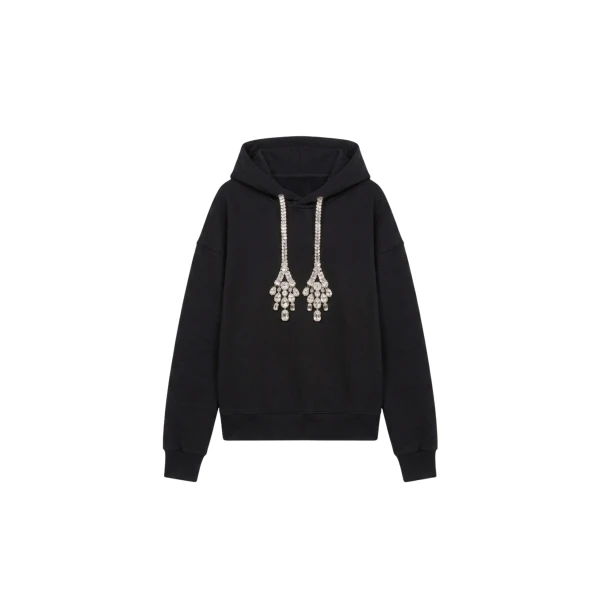 Crystal Drawstring Hoodie in Black