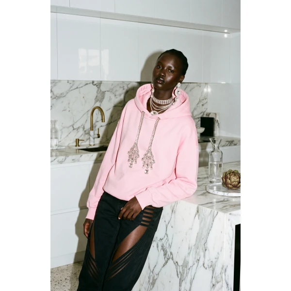 LOULOU Crystal Drawstring Hoodie in Pink | Hoodies | Coveti