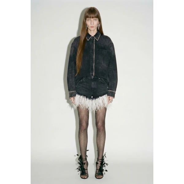 LOULOU Denim Feather Trim Shorts | Denim Shorts | Coveti