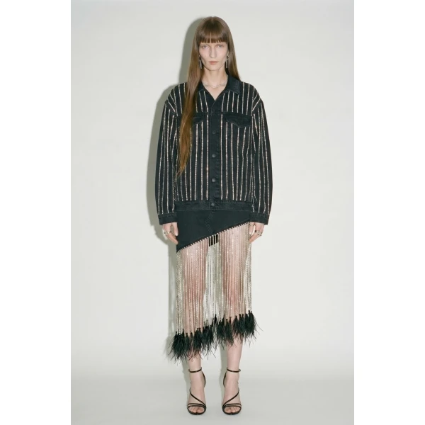 LOULOU Denim Fringe Midi Skirt | Midi Skirts | Coveti
