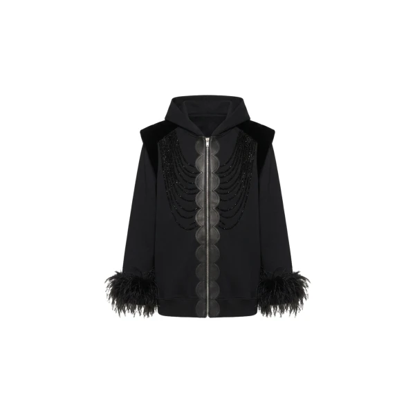 LOULOU Embellished Feather Trim Zip Hoodie | Hoodies | Coveti