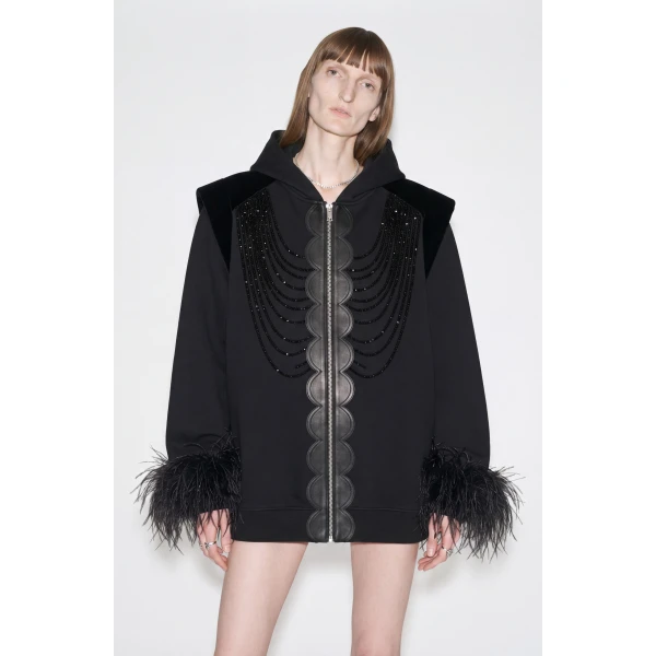 LOULOU Embellished Feather Trim Zip Hoodie | Hoodies | Coveti
