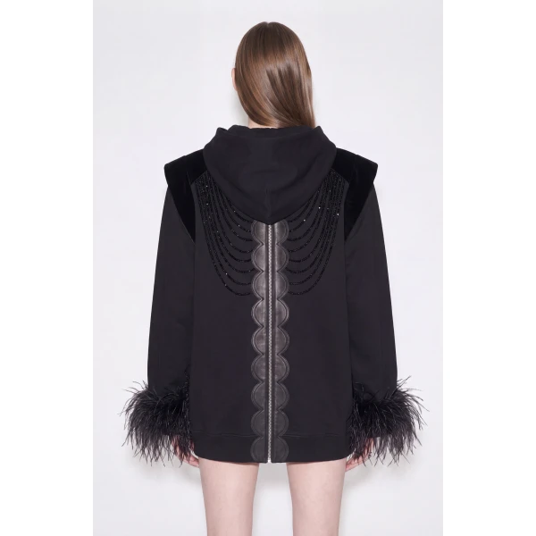 LOULOU Embellished Feather Trim Zip Hoodie | Hoodies | Coveti