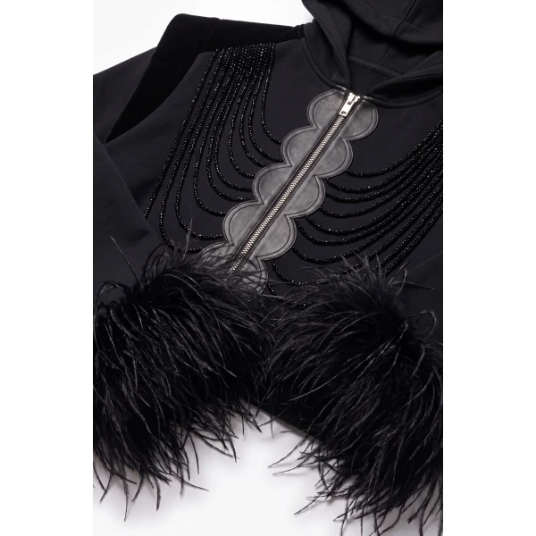 LOULOU Embellished Feather Trim Zip Hoodie | Hoodies | Coveti