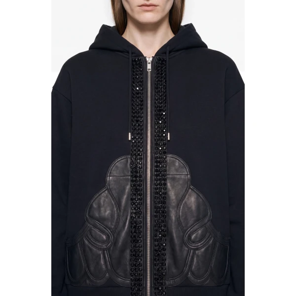 LOULOU Embellished Leather Panel Zip Hoodie | Hoodies | Coveti