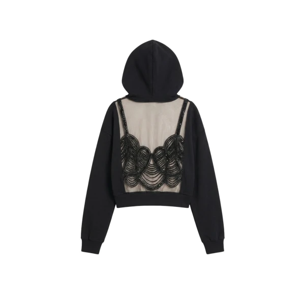 LOULOU Embellished Tulle Back Cropped Hoodie | Hoodies | Coveti