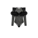 LOULOU Feather Trim Mesh Bodysuit | Bodysuit | Coveti