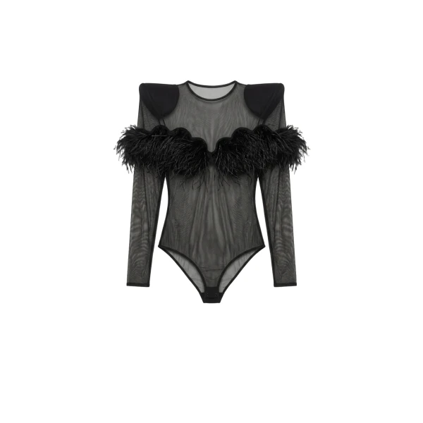 LOULOU Feather Trim Mesh Bodysuit | Bodysuit | Coveti