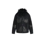 LOULOU Feather-Trimmed Appliqué Denim Jacket | Denim | Coveti