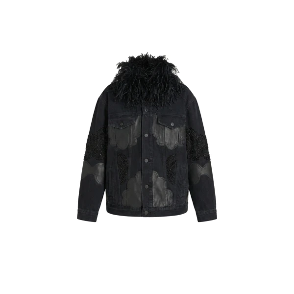 Feather-Trimmed Appliqué Denim Jacket