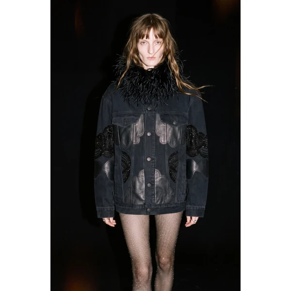 LOULOU Feather-Trimmed Appliqué Denim Jacket | Denim | Coveti