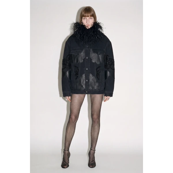 LOULOU Feather-Trimmed Appliqué Denim Jacket | Denim | Coveti