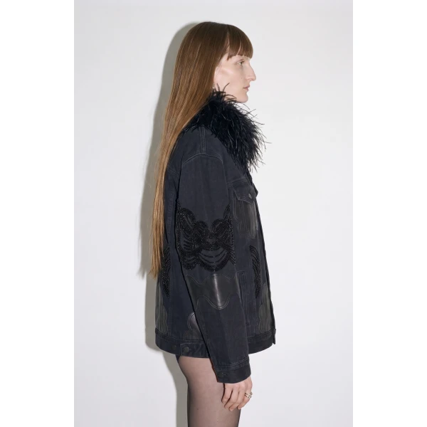LOULOU Feather-Trimmed Appliqué Denim Jacket | Denim | Coveti