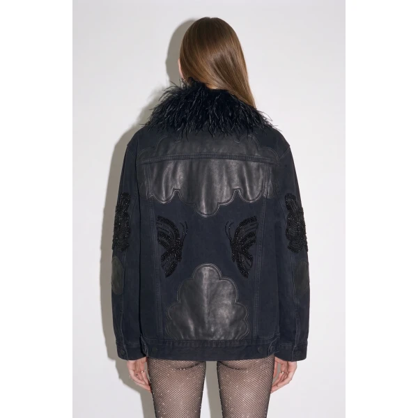 LOULOU Feather-Trimmed Appliqué Denim Jacket | Denim | Coveti