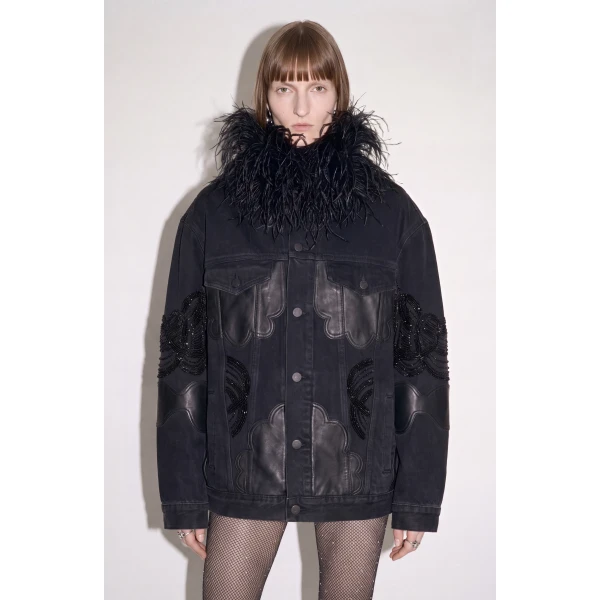 LOULOU Feather-Trimmed Appliqué Denim Jacket | Denim | Coveti