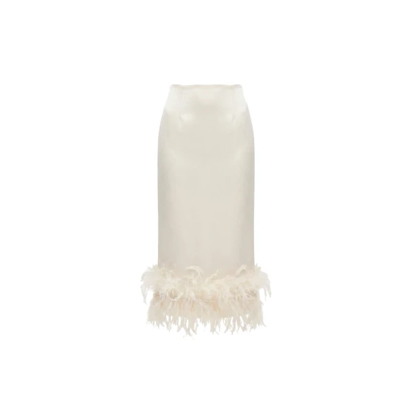 Ivory Feather Trim Midi Skirt