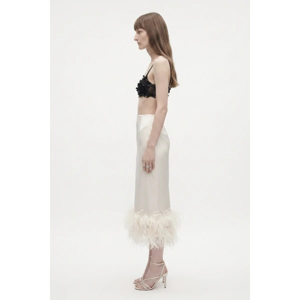 LOULOU Ivory Feather Trim Midi Skirt | Midi Skirts | Coveti