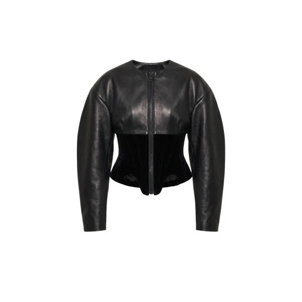 LOULOU Leather And Velvet Corset Jacket | Leather Jackets | Coveti