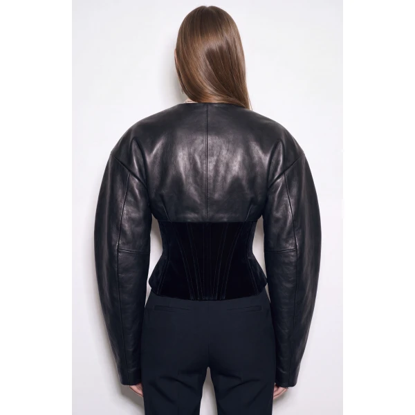 LOULOU Leather And Velvet Corset Jacket | Leather Jackets | Coveti