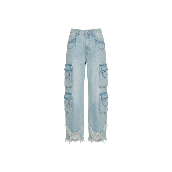 LOULOU Light Blue Crystal Cargo Denim Jeans | Denim | Coveti