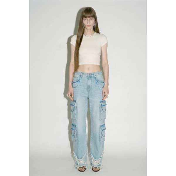 LOULOU Light Blue Crystal Cargo Denim Jeans | Denim | Coveti