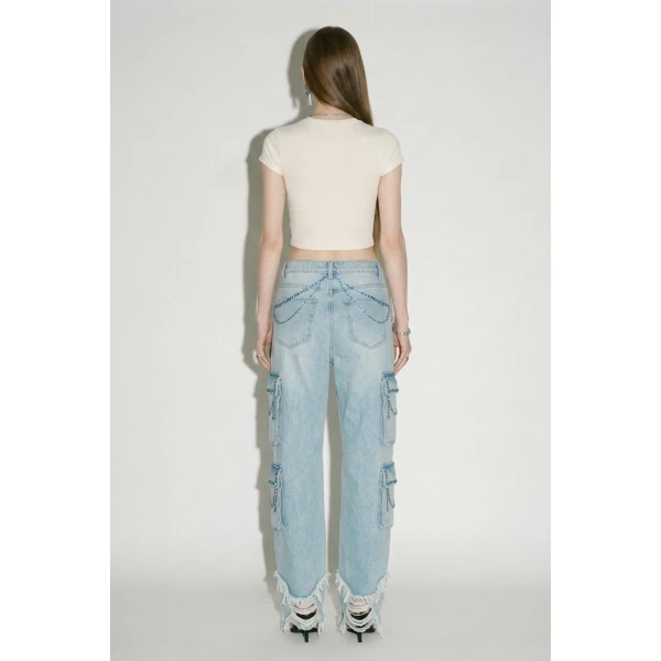 LOULOU Light Blue Crystal Cargo Denim Jeans | Denim | Coveti
