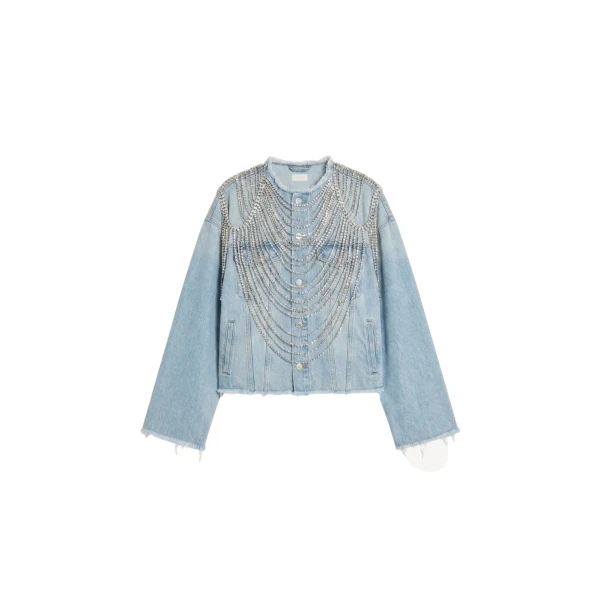 Light Blue Crystal Fringe Denim Jacket