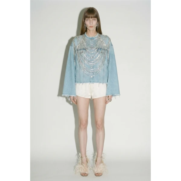 LOULOU Light Blue Crystal Fringe Denim Jacket | Denim | Coveti