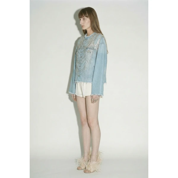 LOULOU Light Blue Crystal Fringe Denim Jacket | Denim | Coveti