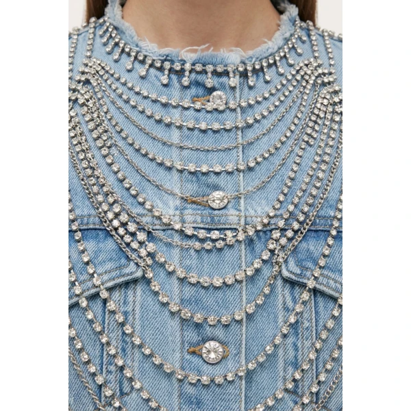 LOULOU Light Blue Crystal Fringe Denim Jacket | Denim | Coveti