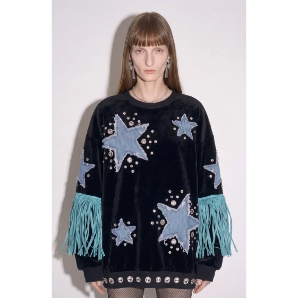 LOULOU Star Appliqué Velvet Sweatshirt | Hoodies | Coveti